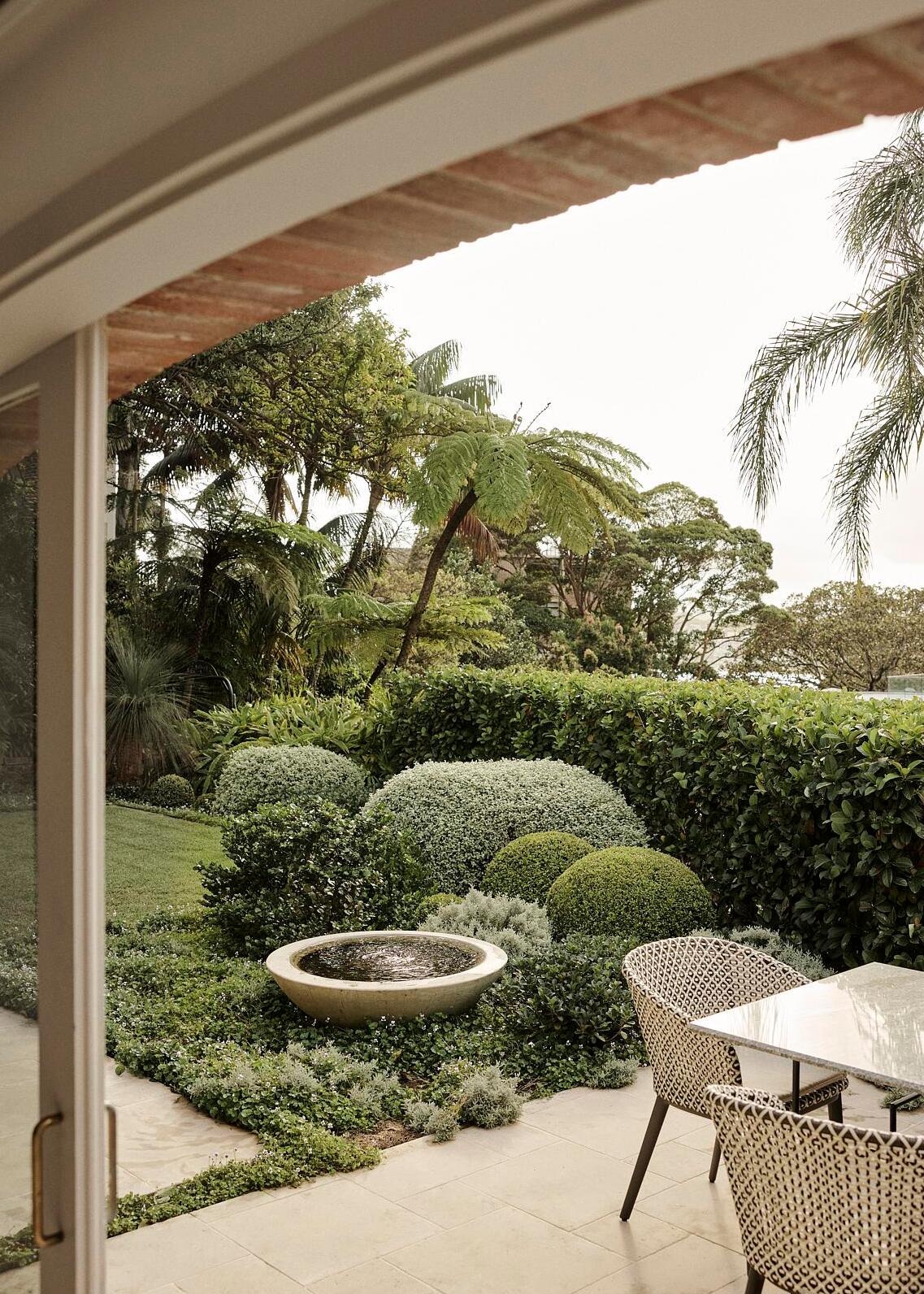 shrubs and a water feature in front of a hedge