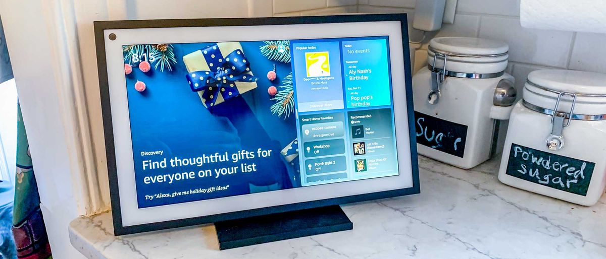 Amazon Echo Show 15 displayed on kitchen counter