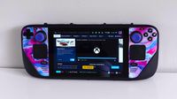 Forza Horizon 6 in the Steam Store on a Steam Deck covered in a pink, purple, and blue skin in a dbrand Killswitch case.