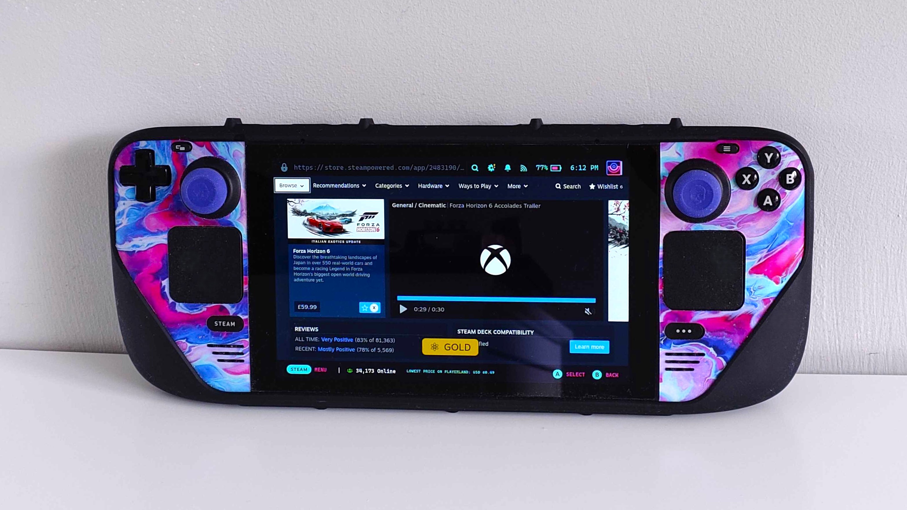 Forza Horizon 6 in the Steam Store on a Steam Deck covered in a pink, purple, and blue skin in a dbrand Killswitch case. 