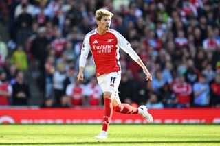 LONDON, ENGLAND - OCTOBER 05: Takehiro Tomiyasu of Arsenal looks on during the Premier League match between Arsenal FC and Southampton FC at Emirates Stadium on October 05, 2024 in London, England. (Photo by David Price/Arsenal FC via Getty Images)