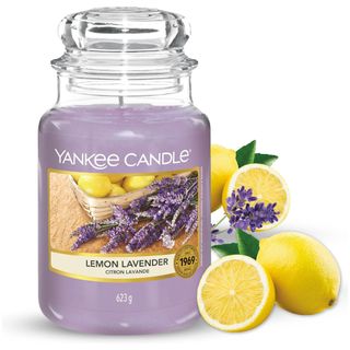 A lemon lavender Yankee Candle with purple wax