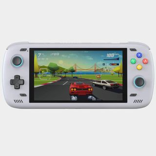 Ayn Odin 2 handheld with generic racing game on screen and grey backdrop