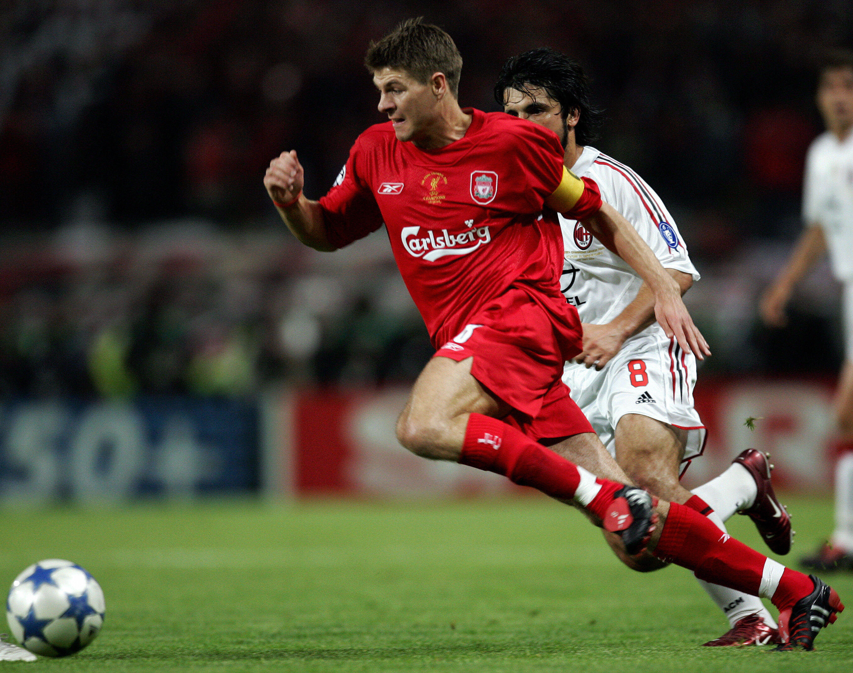 Steven Gerrard scores for Liverpool against AC Milan in the 2005 Champions League final.