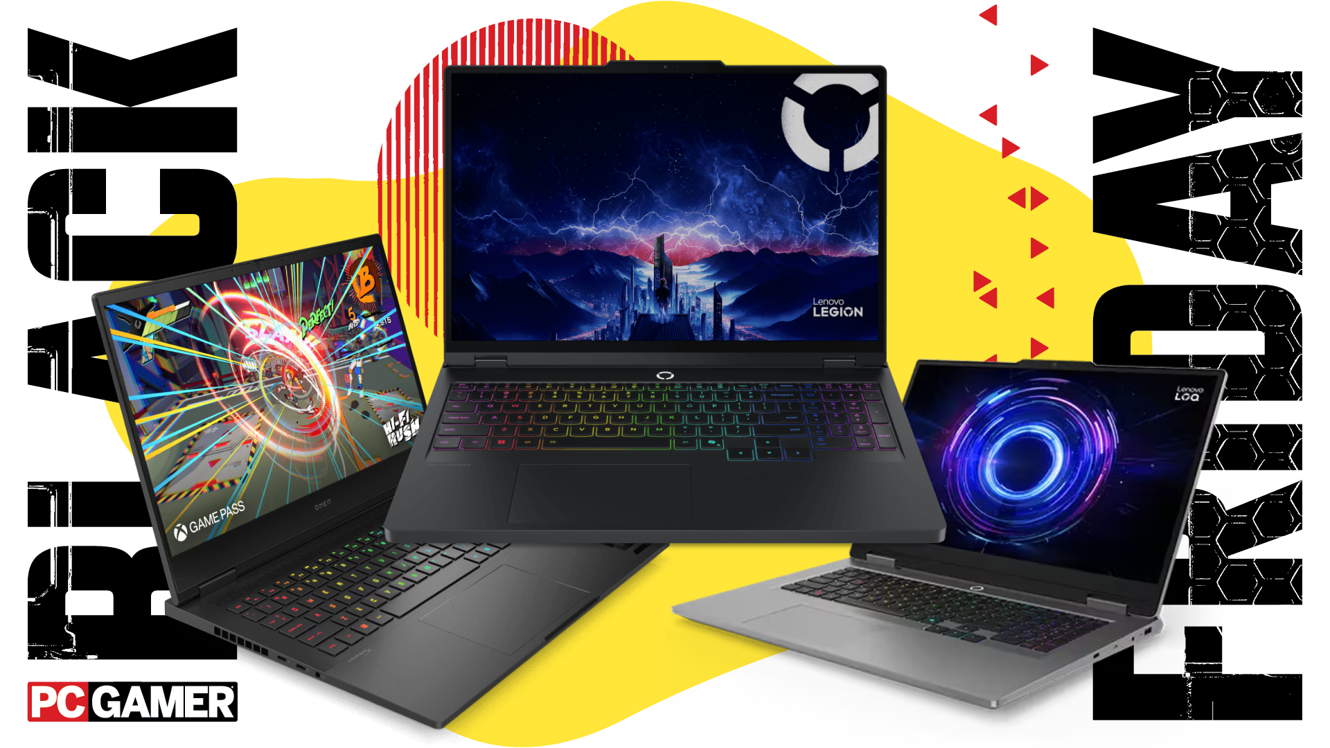 Three gaming laptops on a colorful Black Friday deals background with the PC Gamer logo in the bottom right