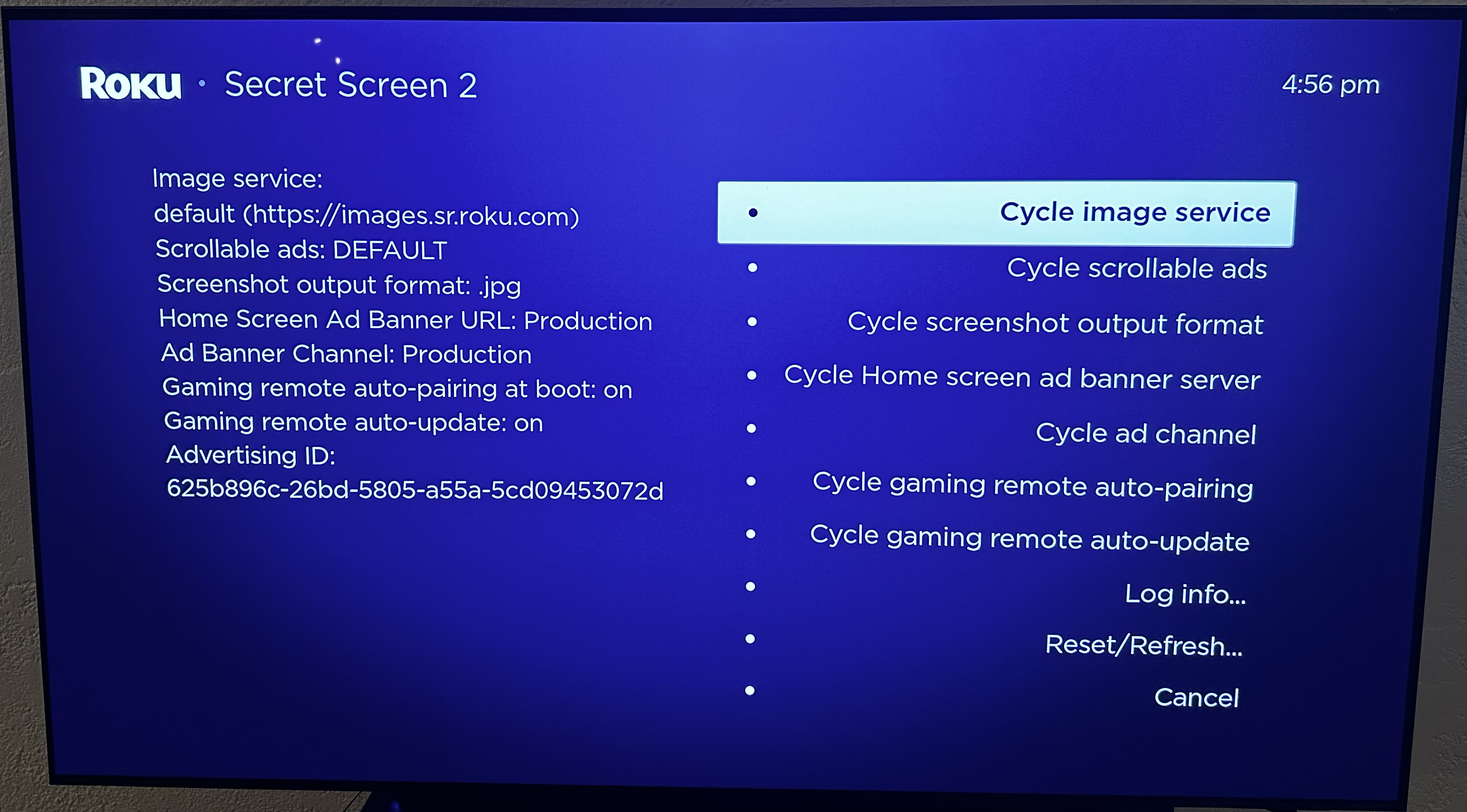 Una captura de pantalla que muestra los menús secretos de Roku.