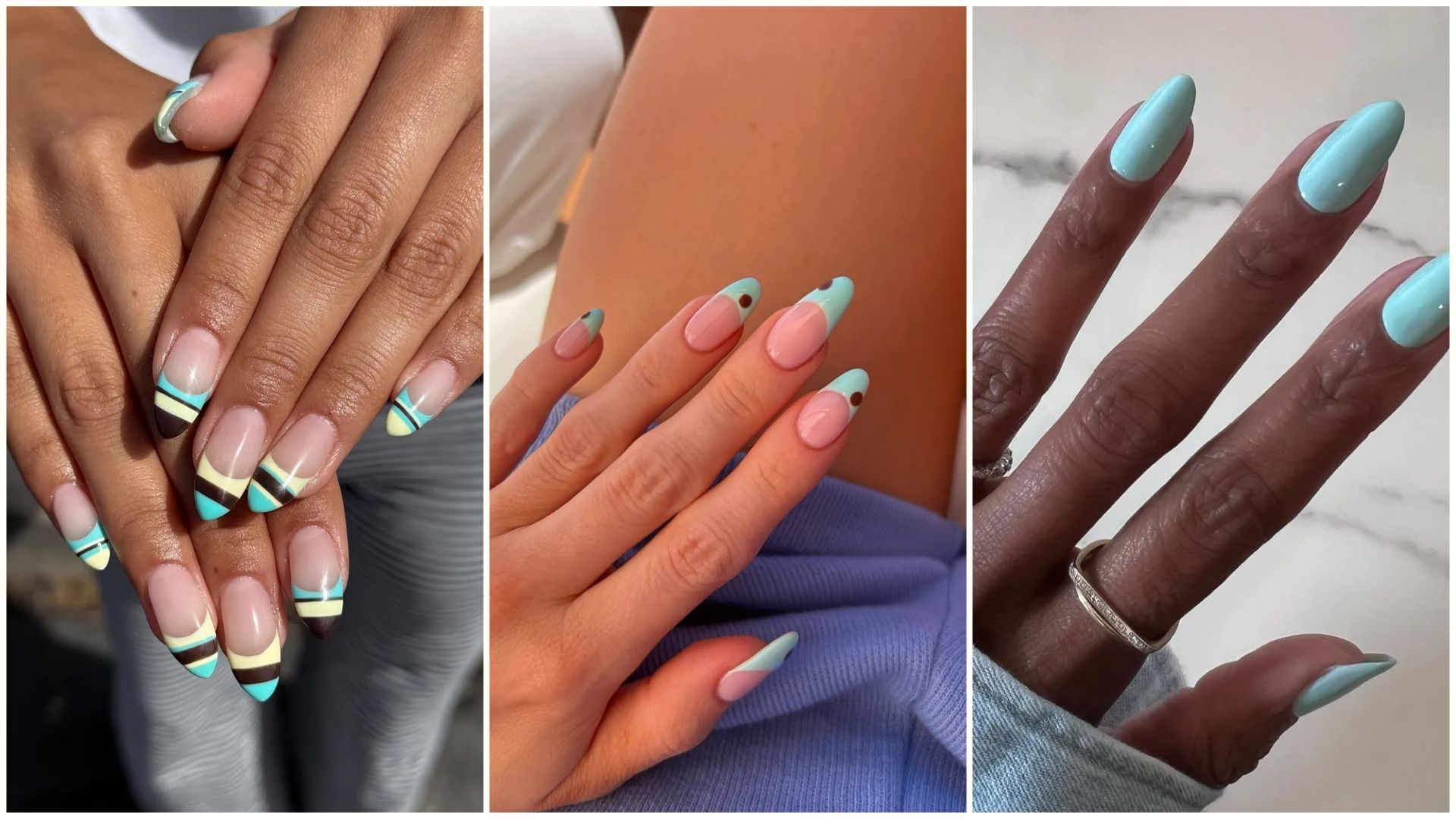 A collage of turquoise nail designs
