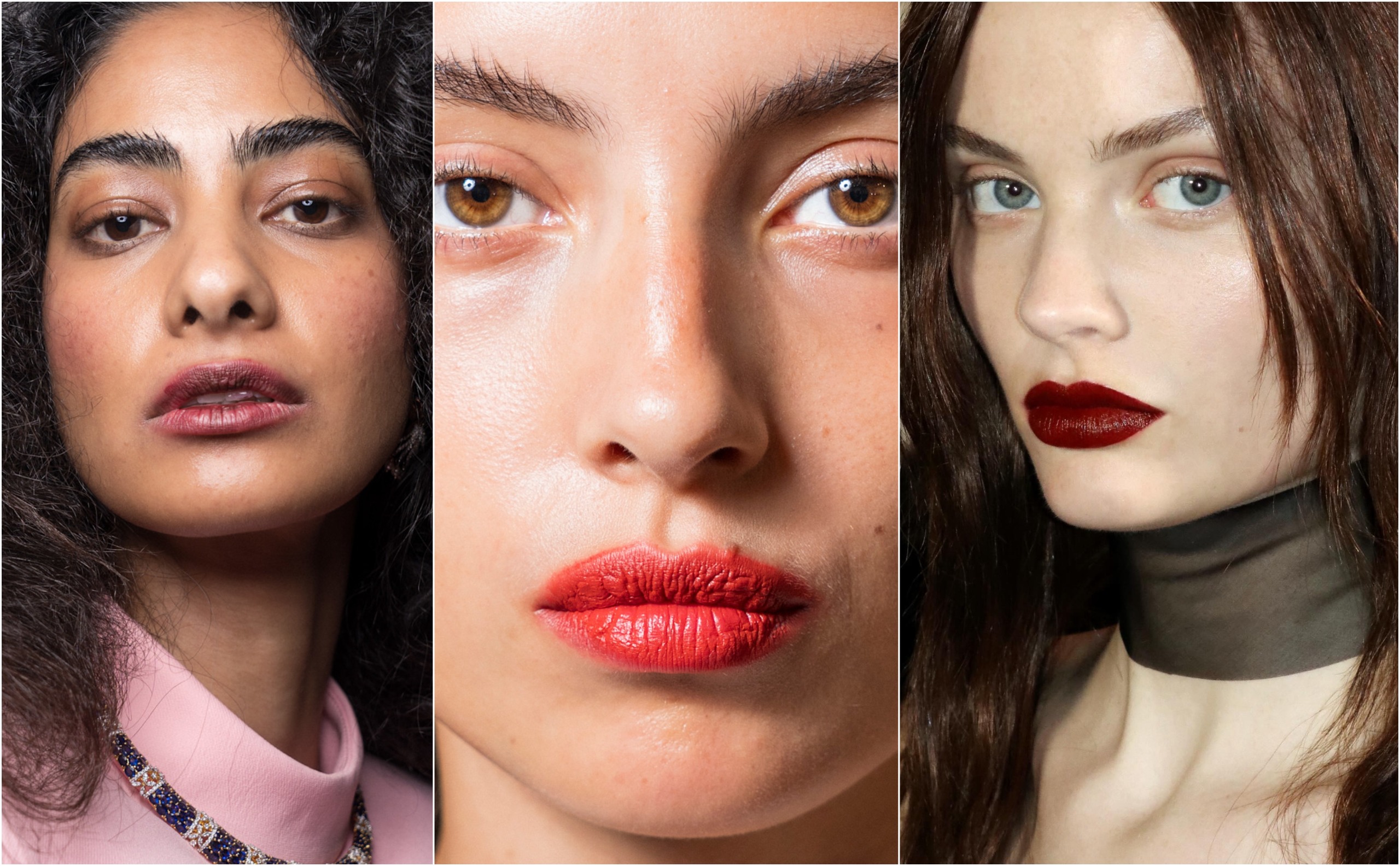 Berry lipstick on the left, bright orange-red lips in the center and a deep glossy red on the right, all paired with barely-there eye makeup