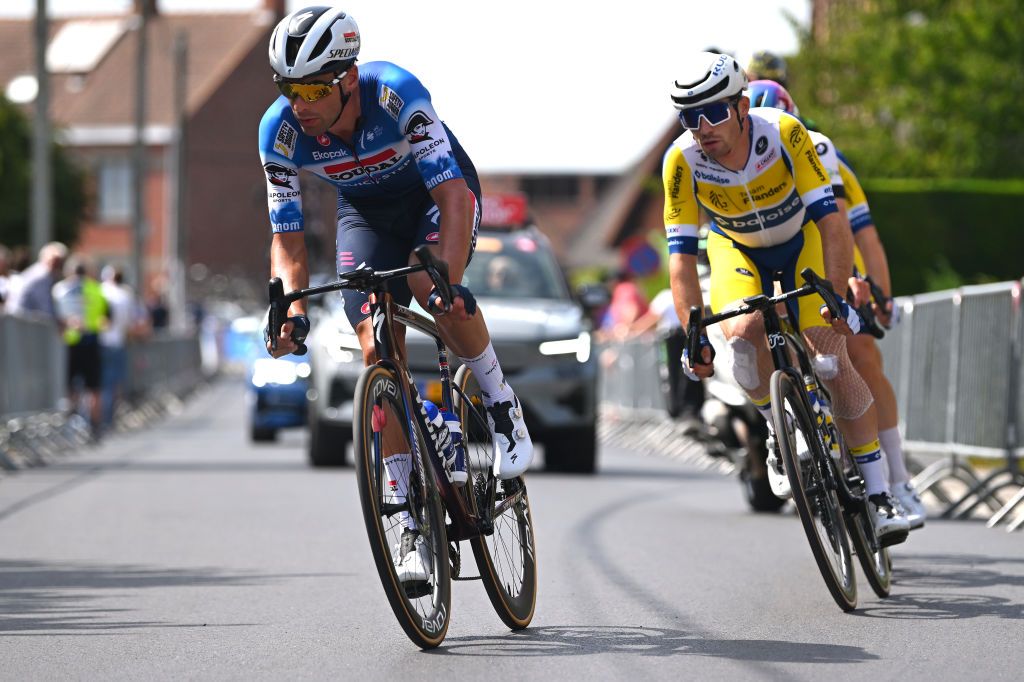 ARDOOIE BELGIUM AUGUST 30 LR Warre Vangheluwe of Belgium and Team Soudal QuickStep and Aaron Van Poucke of Belgium and Team Flanders Baloise compete in the breakaway during the 20th Renewi Tour 2024 Stage 3 a 1855km stage from Blankenberge to Ardooie UCIWT on August 30 2024 in Ardooie Belgium Photo by Luc ClaessenGetty Images