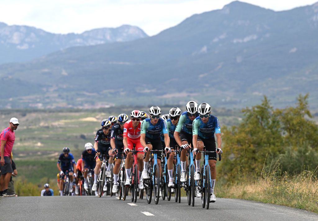 MAESTU PARQUE NATURAL DE IZKI SPAIN SEPTEMBER 05 Bruno Armirail of France and Geoffrey Bouchard of France and Team Decathlon AG2R La Mondiale lead the peloton during the La Vuelta 79th Tour of Spain 2024 Stage 18 a 1798km stage from VitoriaGasteiz to Maestu Parque Natural de Izki UCIWT on September 05 2024 in Maestu Parque Natural de Izki Spain Photo by Tim de WaeleGetty Images