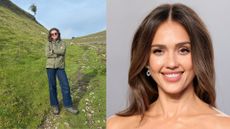 Grace Walsh wearing the Hoka Anacapa walking boots next to Jessica Alba