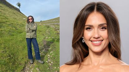 Grace Walsh wearing the Hoka Anacapa walking boots next to Jessica Alba