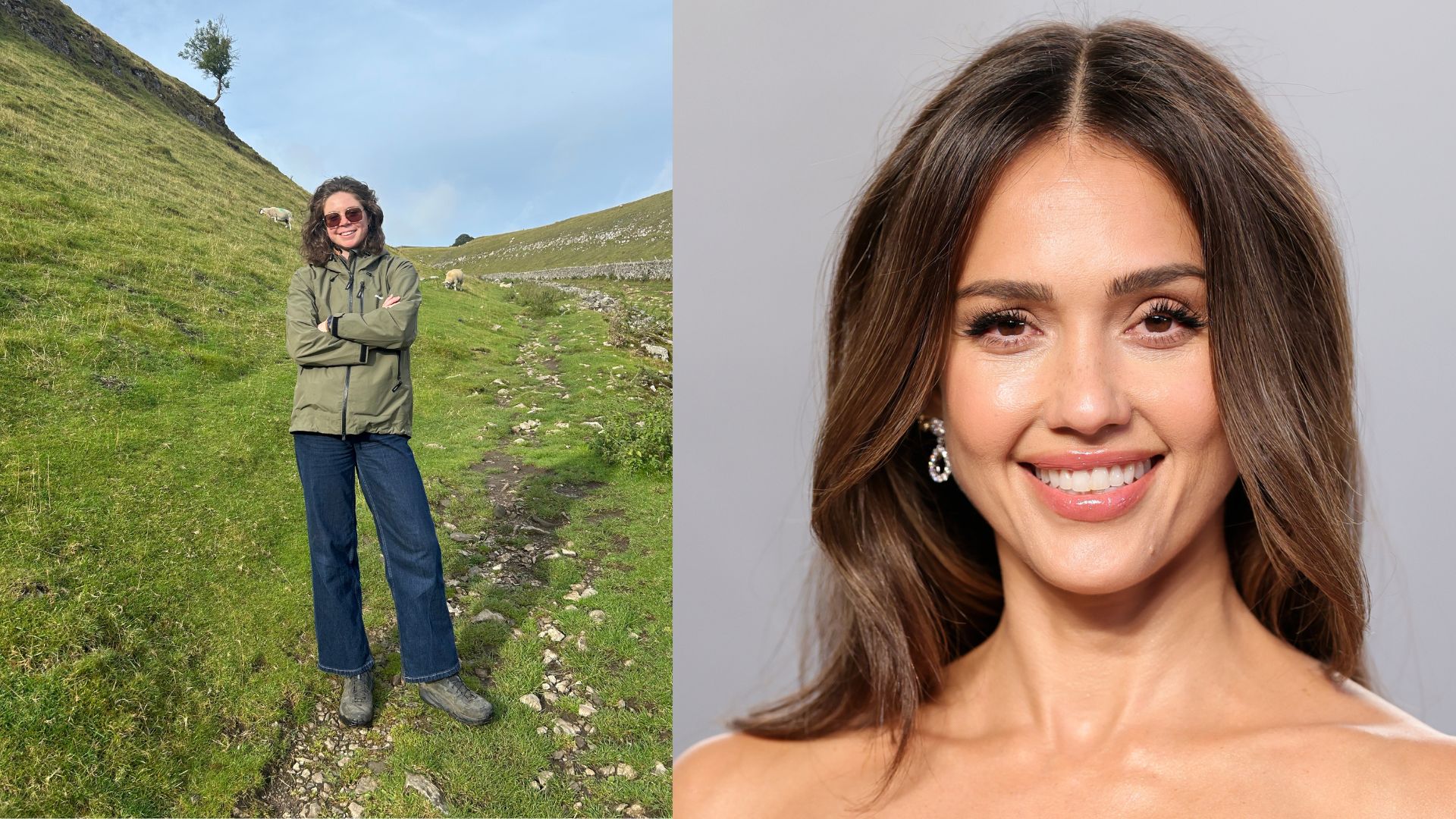 Grace Walsh wearing the Hoka Anacapa walking boots next to Jessica Alba