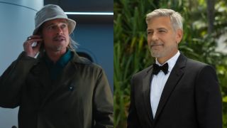 Left: Brad Pitt walking onto a train in Bullet Train. Right: George Clooney standing in a tux in Ticket to Paradise.