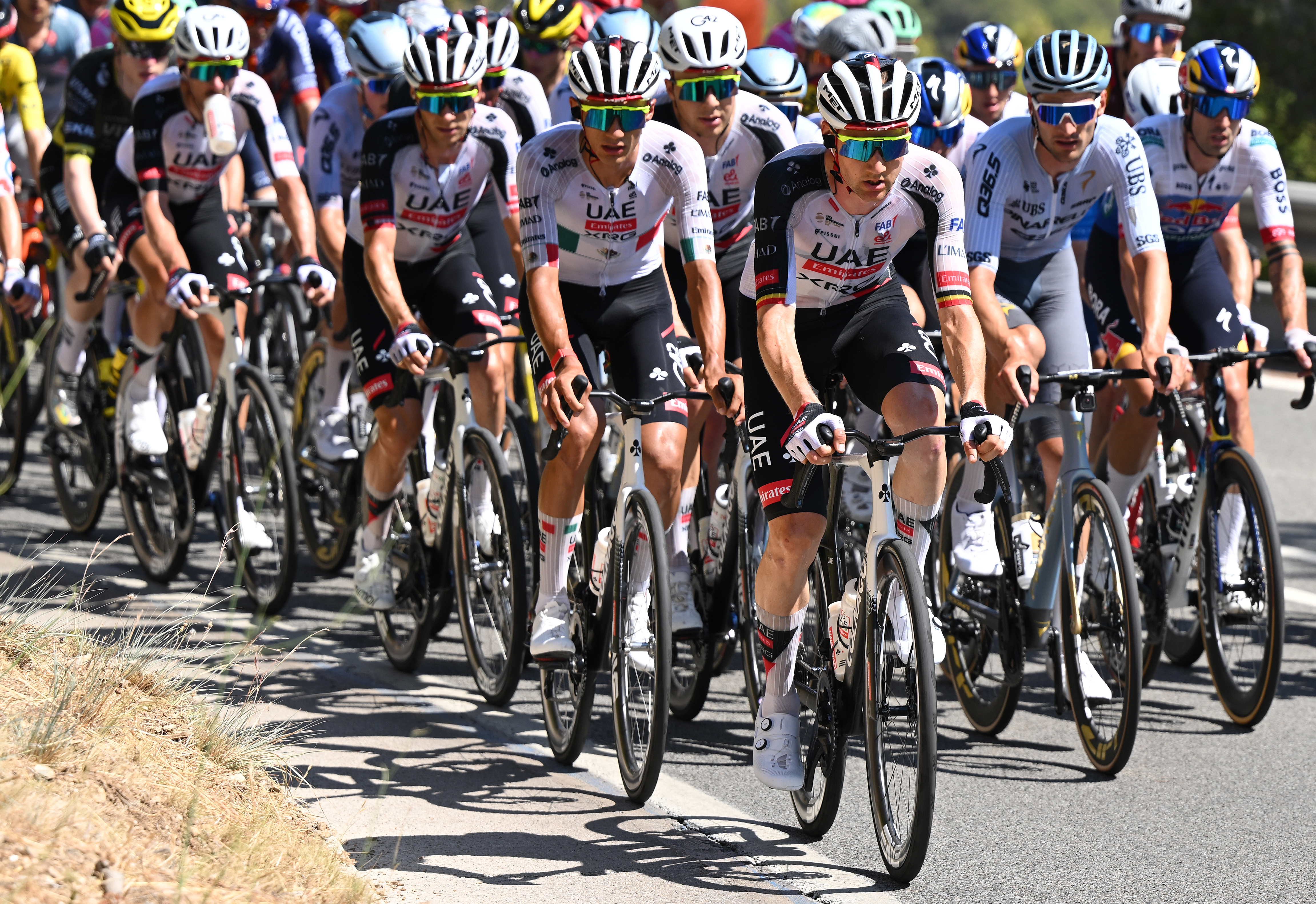 BARCELONA, SPAIN - JULY 05: (L-R) Isaac Del Toro of Mexico, Tim Wellens of Belgium and UAE Team Emirates - XRG and Brent Van Moer of Belgium and Team Pinarello Q36.5 Pro Cycling compete during the 113th Tour de France 2026, Stage 2 a 168.5km stage from Tarragona to Barcelona 109m / #UCIWT / on July 05, 2026 in Barcelona, Spain. (Photo by Dario Belingheri/Getty Images)