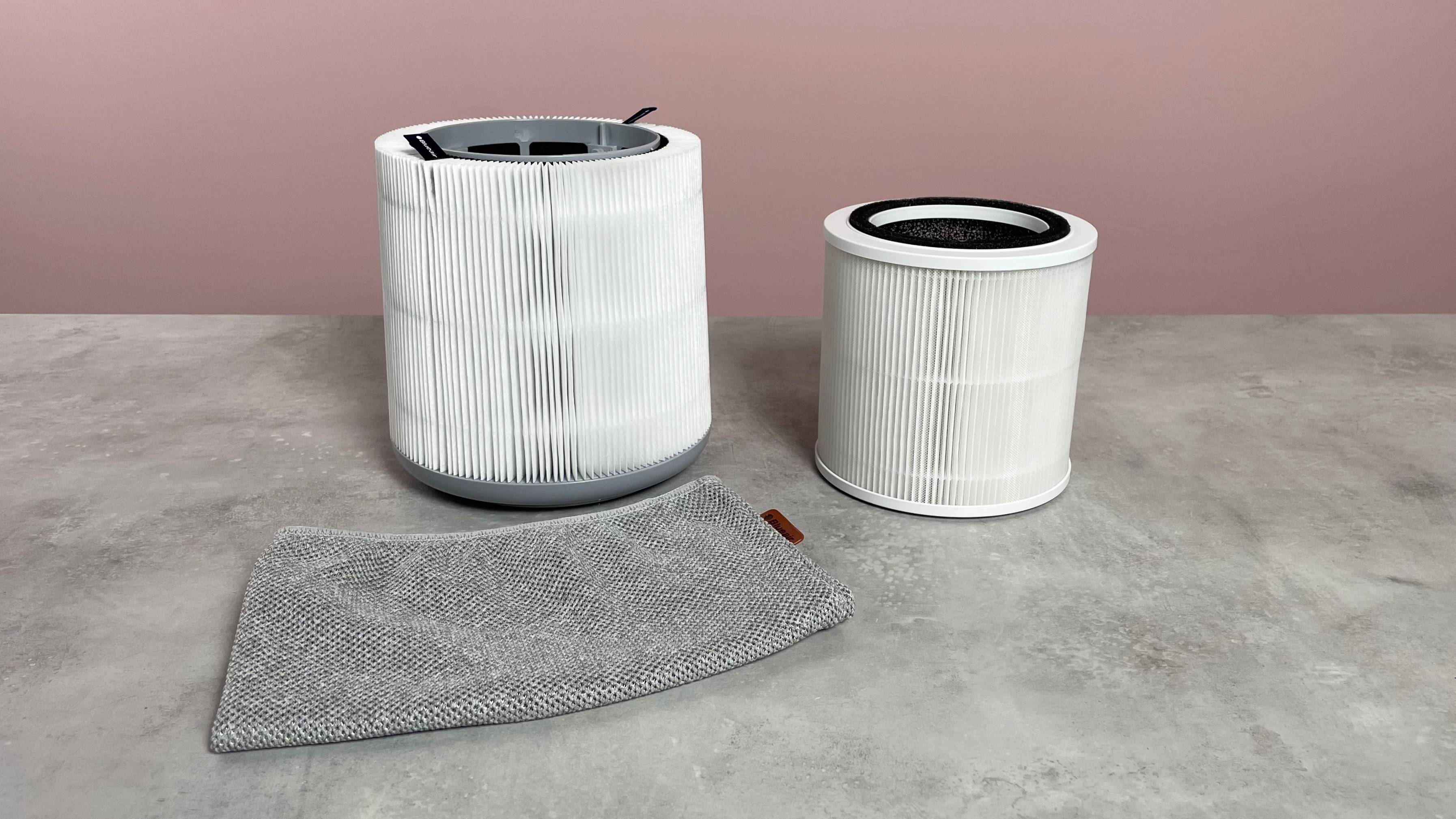 The filters of the Blueair Blue Pure Mini Max and GoveeLife Smart Air Purifier Lite are arranged on a table.