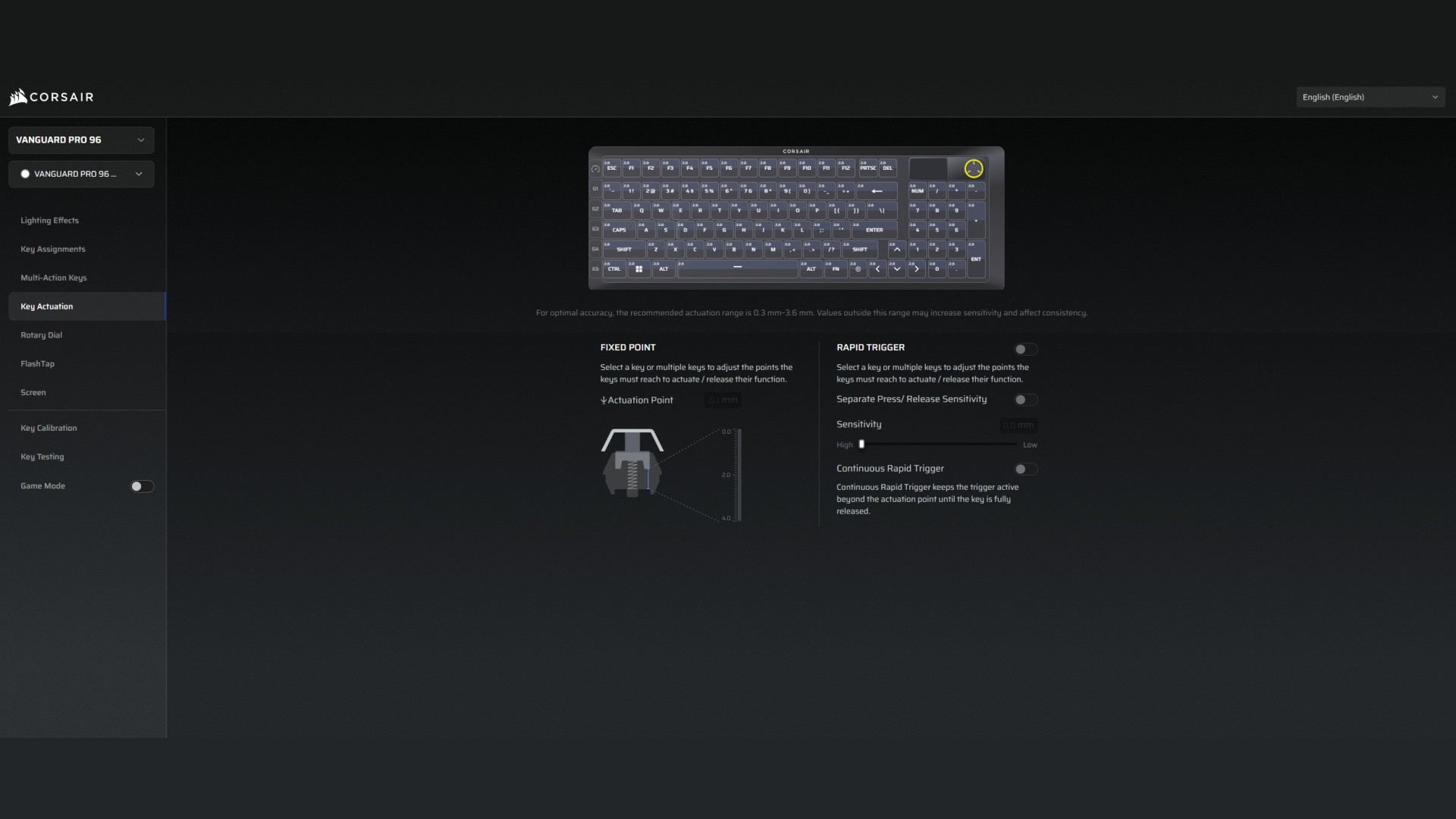 Screenshot of Corsair Web Hub running switch actuation tools on Corsair Vanguard Pro 96 gaming keyboard