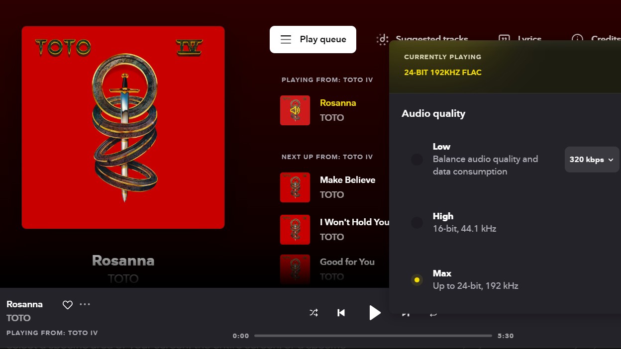 Tidal desktop app playing Toto