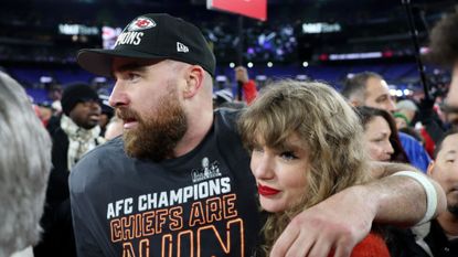 Taylor Swift and Travis Kelce at the AFC Championship, seeing Kansas City Chiefs play the Baltimore Ravens