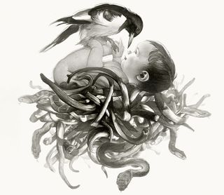 Illustration of a baby on a bed of snakes with a bird perched on top