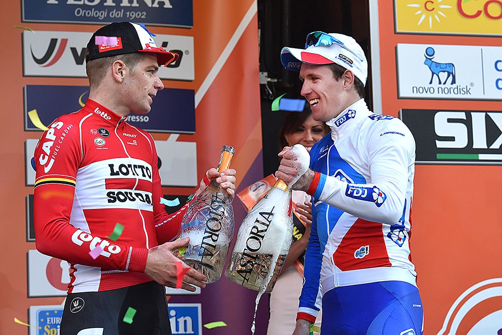 Jurgen Roelandts and Arnaud Demare on the Milan-Sanremo podium