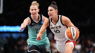 Kelsey Plum #10 of the Las Vegas Aces drives to the basket during the game against the New York Liberty on August 28, 2023
