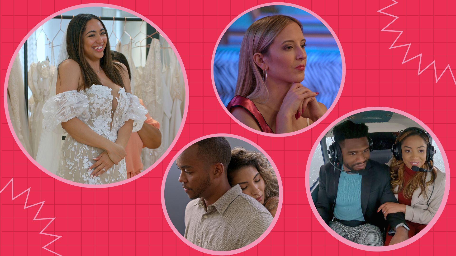 Netflix Love Is Blind season 4 cast and couples in bubbles on a pink background