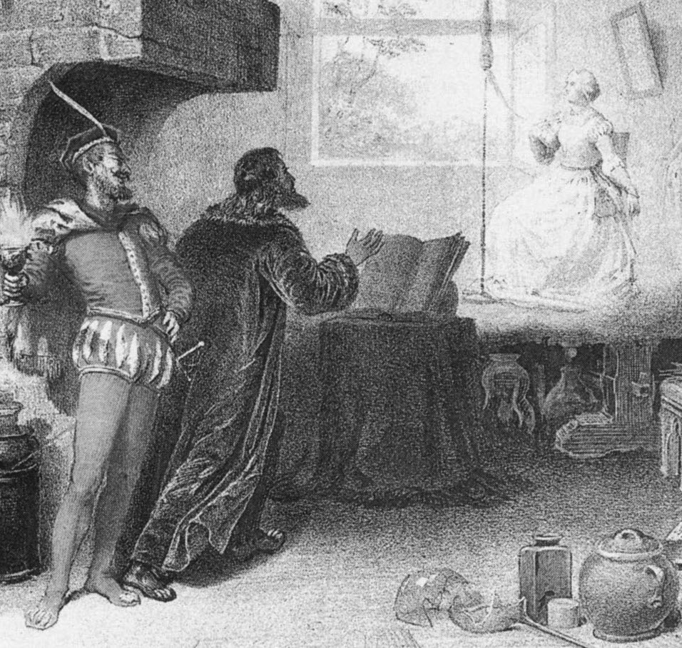 In the far left of this partial lithograph, the character of Mephistopheles (originated by Marcel Journet) is dressed in red tights with devilish flair.