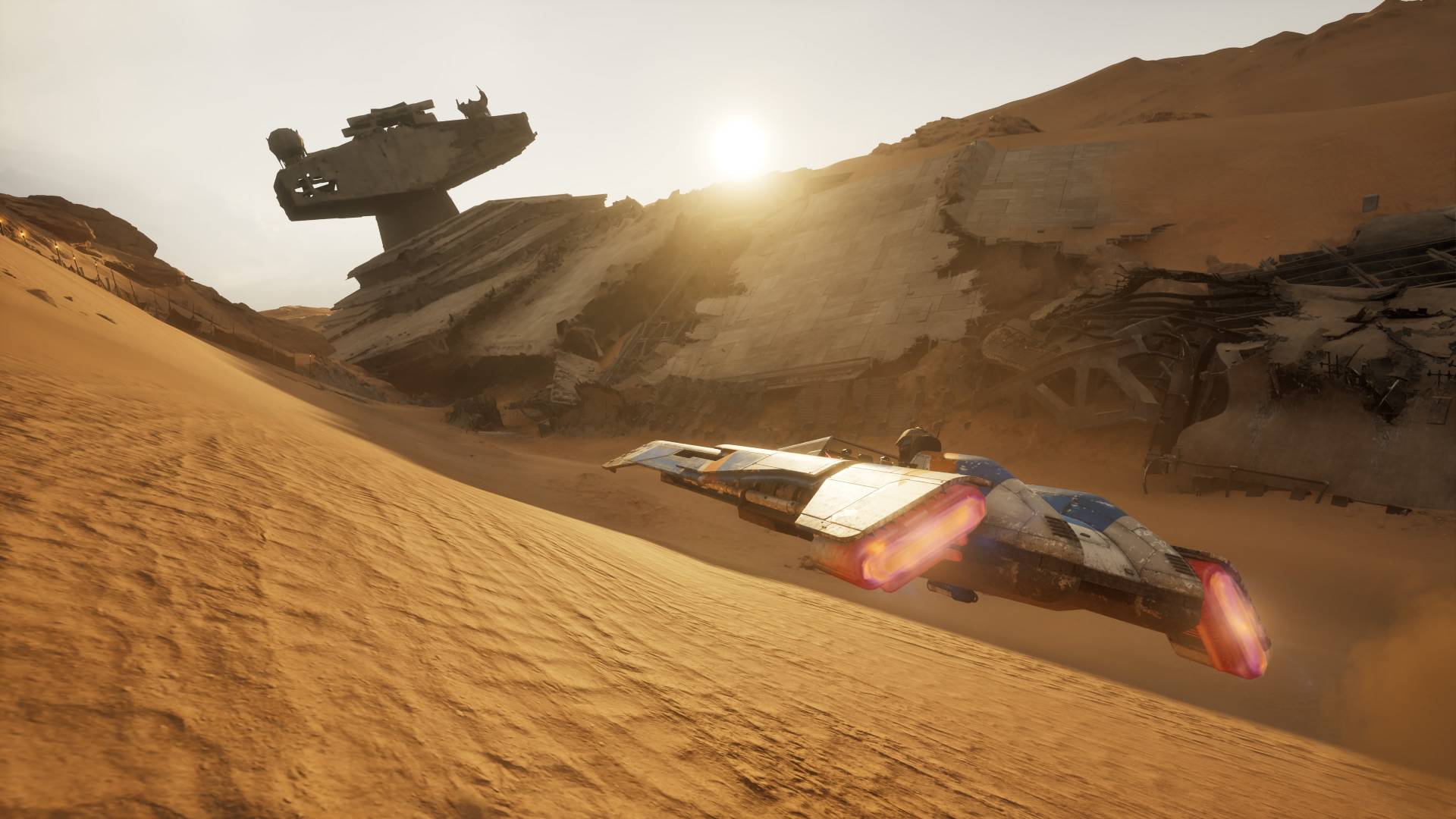 Star Wars Galactic Racer landspeeder approaching wrecked star destroyer on jakku