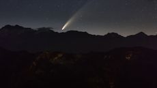 Comet NEOWISE seen in the night sky at Jaufenpass in South Tyrol, Itlay.