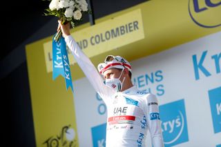 GRAND COLOMBIER FRANCE SEPTEMBER 13 Podium Tadej Pogacar of Slovenia and UAE Team Emirates White Best Young Rider Jersey Celebration during the 107th Tour de France 2020 Stage 15 a 1745km stage from Lyon to Grand Colombier 1501m TDF2020 LeTour on September 13 2020 in Grand Colombier France Photo by Thibault Camus PoolGetty Images