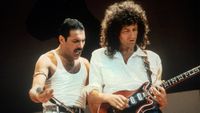 Freddie Mercury and Brian May of the band Queen at Live Aid on July 13, 1985 in London, United Kingdom. 