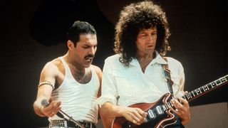 Freddie Mercury and Brian May of the band Queen at Live Aid on July 13, 1985 in London, United Kingdom. 