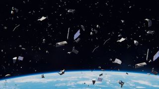 An illustration of space debris in orbit. 