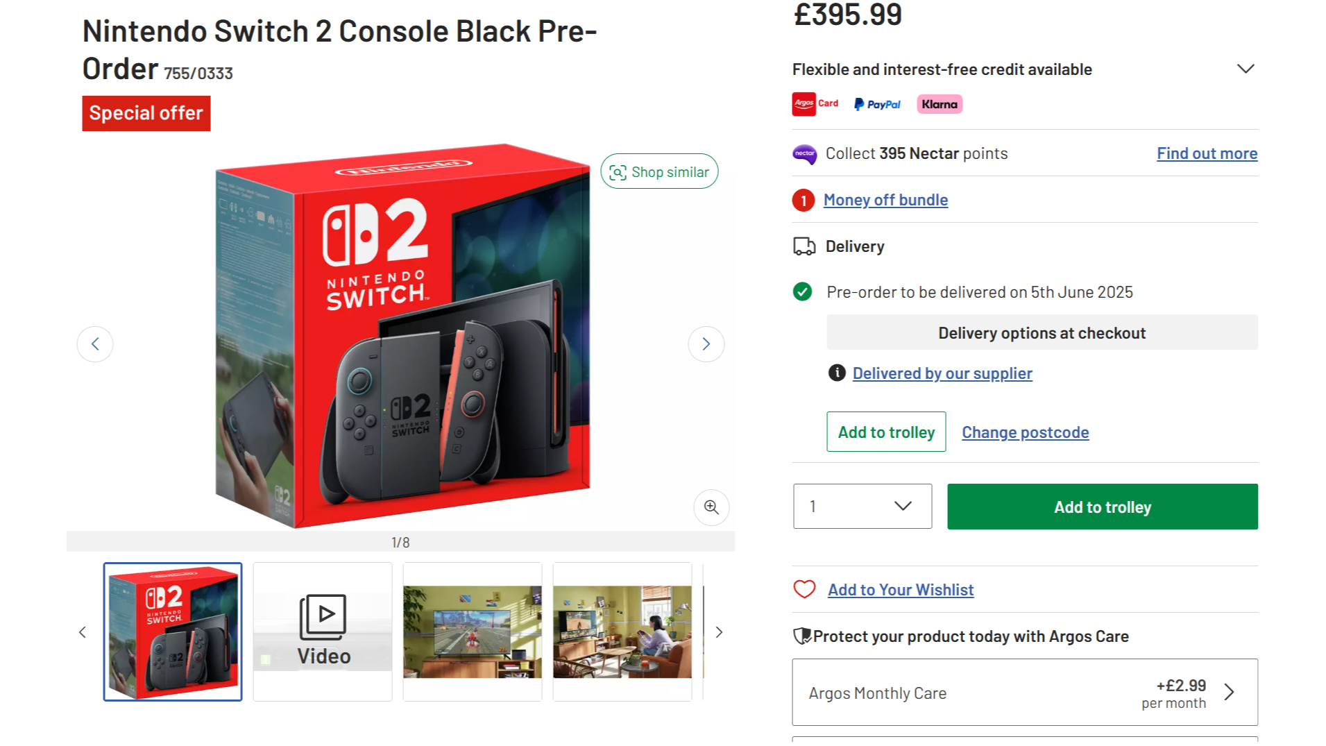 A screenshot of Argos Switch 2 pre-orders
