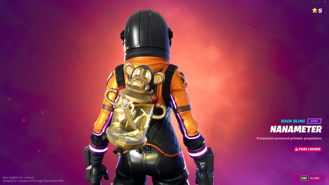 Fortnite's Chapter 2, Season 8 battlepass includes a new player skin J.B. Chimpanski, a Russian space chimp with out-of-this-world accessories.