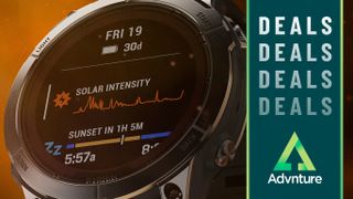 Close-up of Garmin Fenix 7 Pro Solar watch face with 'deals' label and Advnture website logo