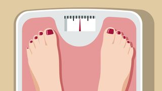 Illustration of feet with painted toe nails on a bathroom scale