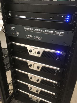 An Ashly Protēa ne24.24m series dsp matrix processor brings in the multiple local inputs—from the video feeds to the performance areas—and provides audio processing.