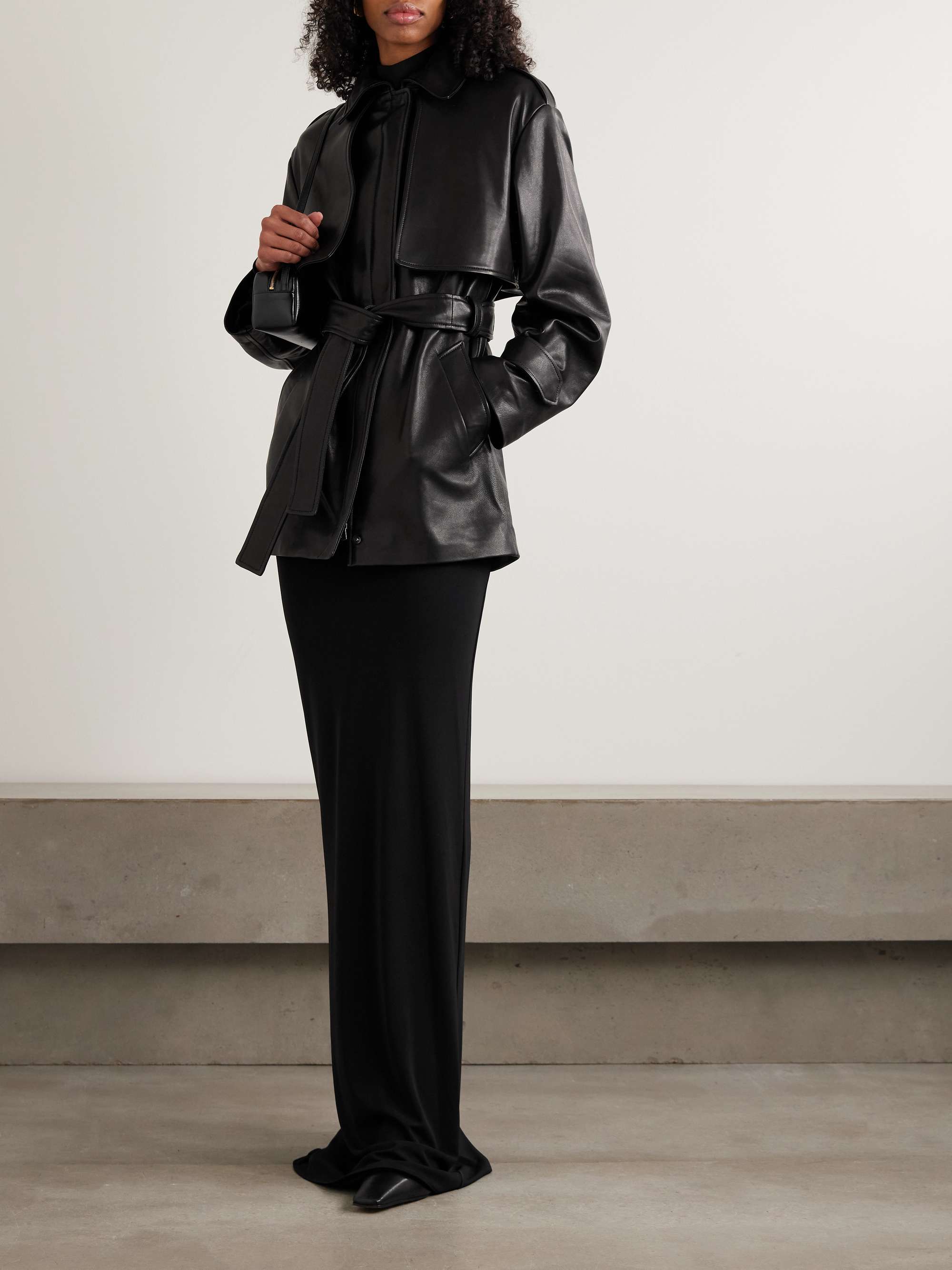 Priya Belted Paneled Leather Jacket