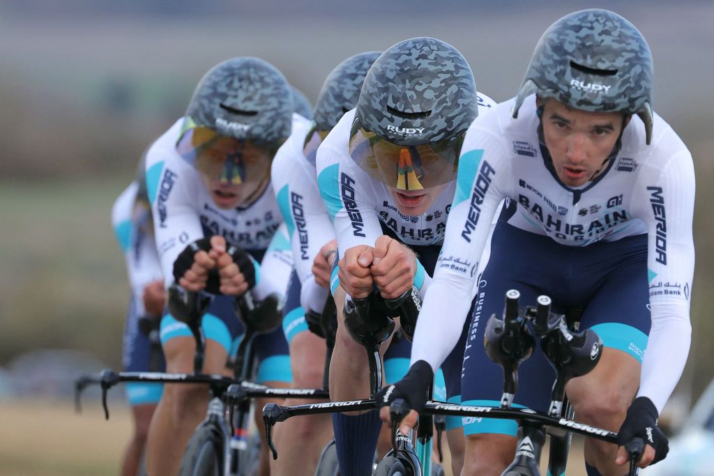 Bahrain Victorious's team competes during the 3rd stage of the Paris-Nice cycling race, 26,9 km team time trial between Auxerre and Auxerre, on March 5, 2024. (Photo by Thomas SAMSON / AFP)