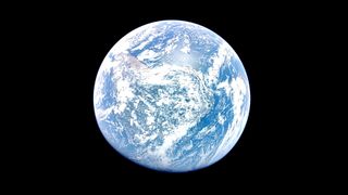 a blue-and-white planet on a black background