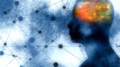 A silhouette of a person in profile with their brain highlighted in a blend of red, orange, yellow and green