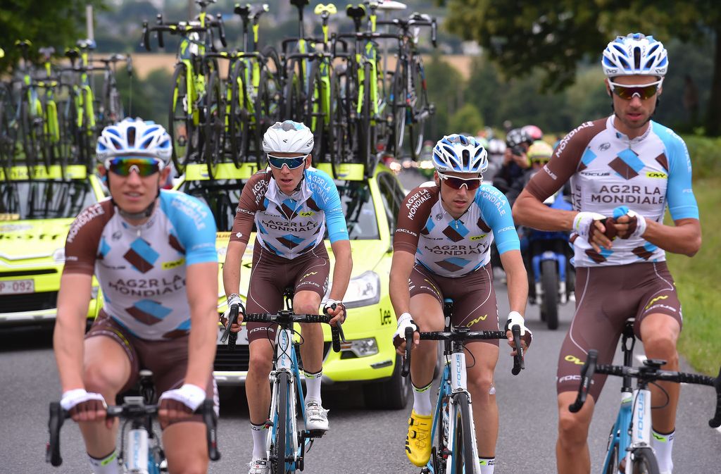 Romain Bardet is surrounded by his AG2R-La Mondiale teammates