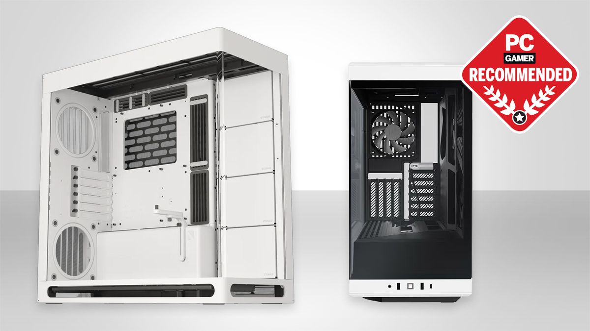 Two PC cases on a grey background with the PC Gamer recommends badge in the upper right corner.