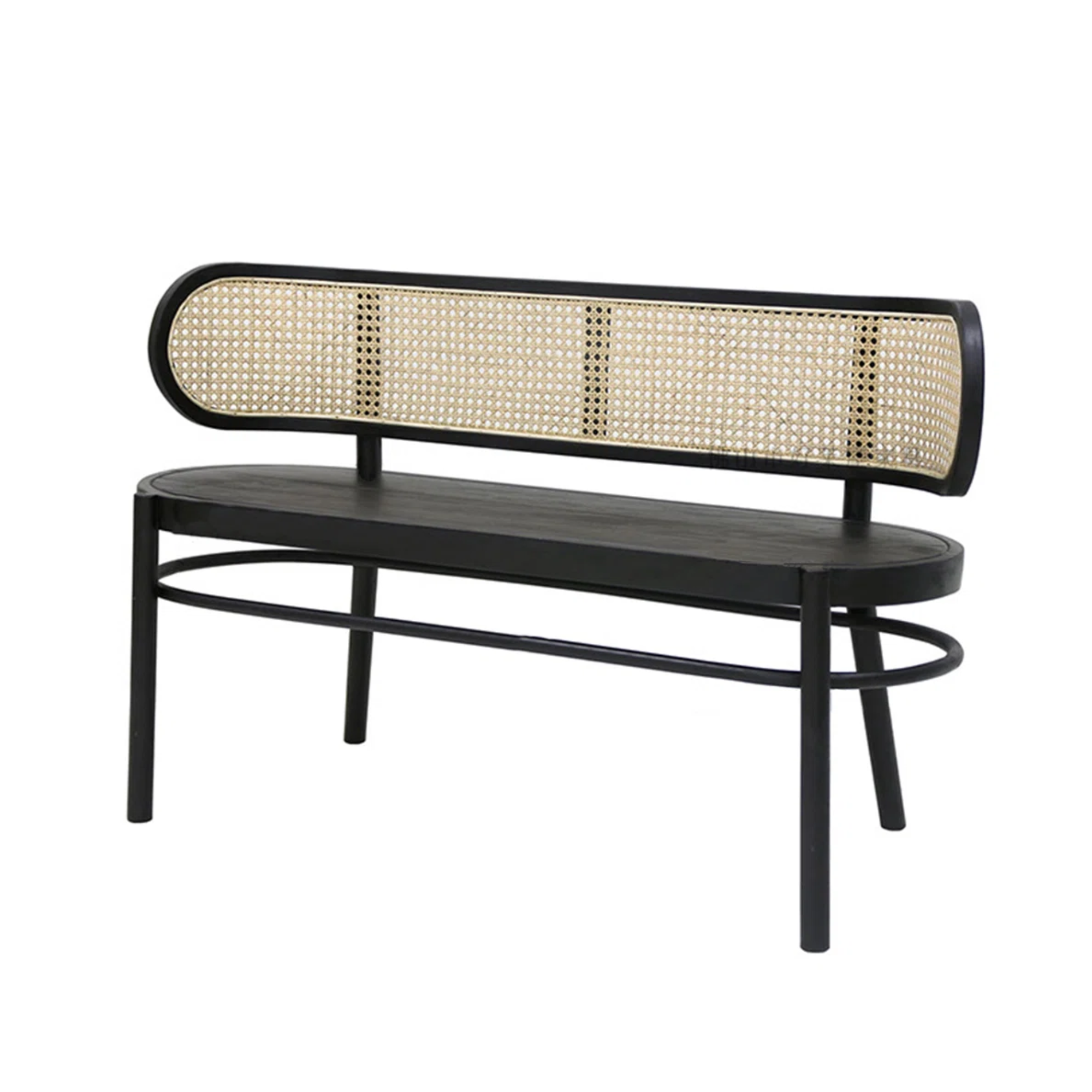 a black stained bench with a cane back