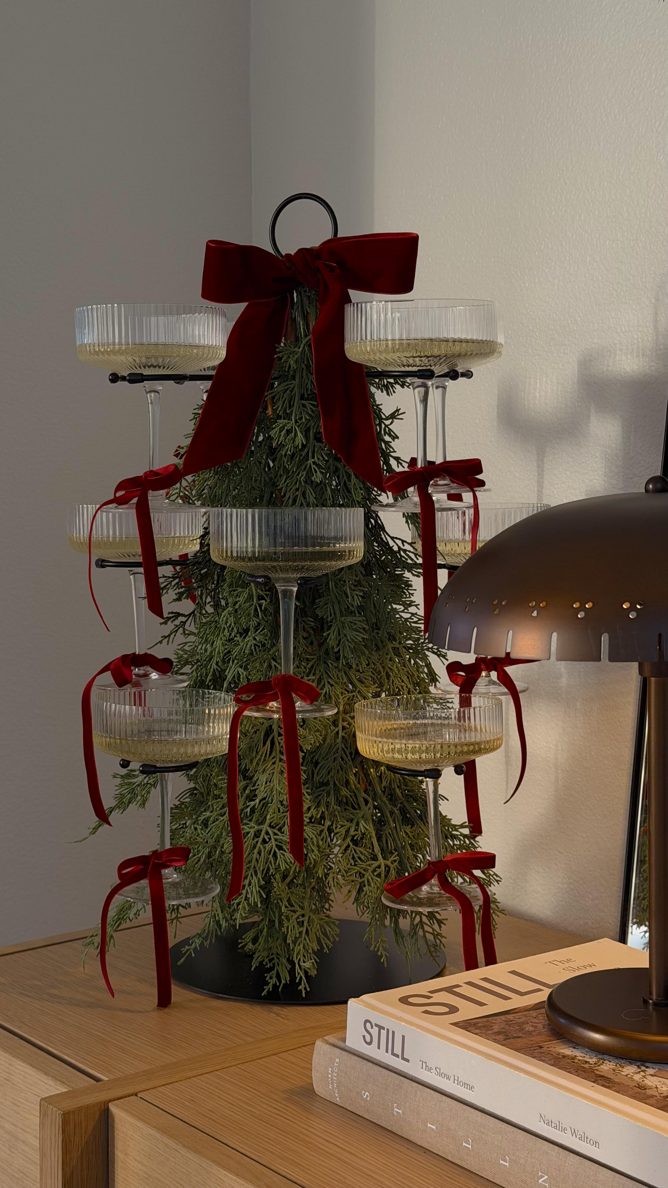 christmas cocktail tabletop tree with martinis and red bows