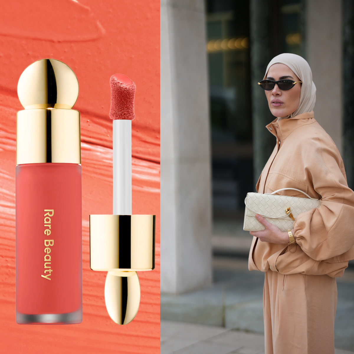 A woman wearing a white hijab and howling a white purse. She is wearing a pale peach sweatsuit. She is next to two peach blushes.