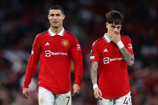 Cristiano Ronaldo and Alejandro Garnacho Ferreyra of Manchester United look on after their sides victory during the UEFA Europa League group E match between Manchester United and Sheriff Tiraspol at Old Trafford on October 27, 2022 in Manchester, England.