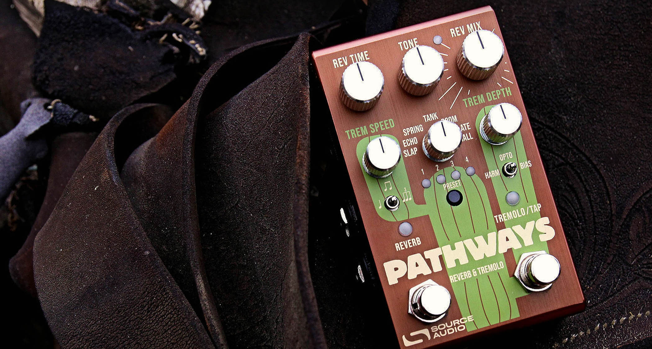 Source Audio Pathways is a reverb and tremolo twofer which arrives in a brown housing with a green cactus, and it offers full MIDI operation and comprehensive control over its sound.